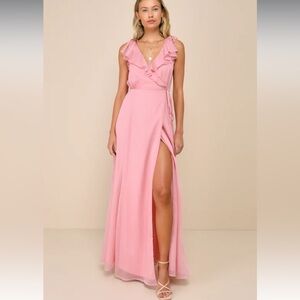 NWT Pink Chiffon Ruffled Backless Wrap Maxi Dress